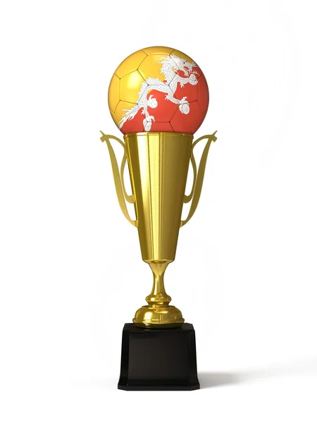 Soccer ball with Bhutan flag, on golden trophy cup — Stock Photo, Image