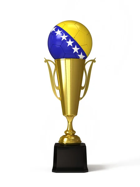 Soccer ball with Bosnia and Herzegovina flag, on golden trophy cup — Stock Photo, Image