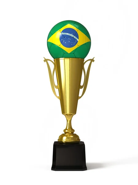Balón de fútbol con bandera brasileña, en copa de trofeo dorado —  Fotos de Stock