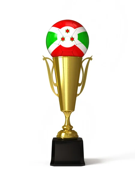 Soccer ball with Burundian flag, on golden trophy cup — Stock Photo, Image