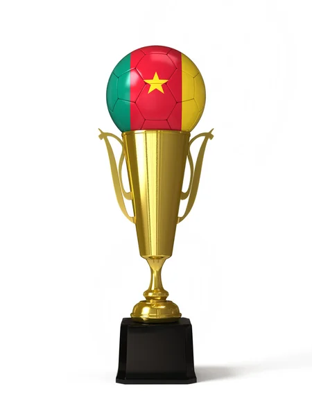 Soccer ball with Cameroonian flag, on golden trophy cup — Stock Photo, Image