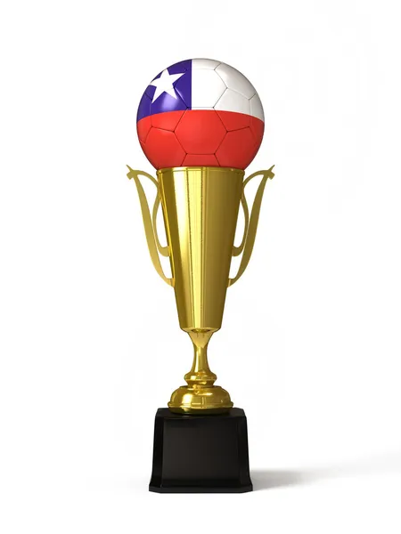 Футбольный мяч с чилийским флагом, на золотом кубке — стоковое фото