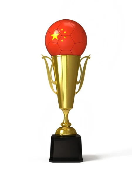 中国の国旗、黄金のトロフィー カップ入りサッカー ボール — ストック写真