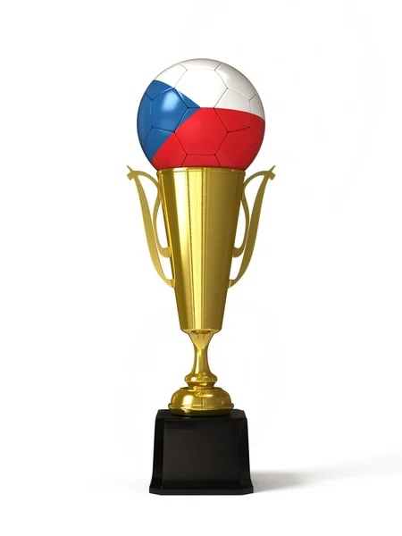 Soccer ball with Czechian flag, on golden trophy cup — Stock Photo, Image