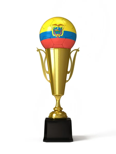 Soccer ball with Ecuadorian flag, on golden trophy cup — Stock Photo, Image