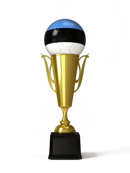 Soccer ball with Estonian flag, on golden trophy cup — Stock Photo, Image