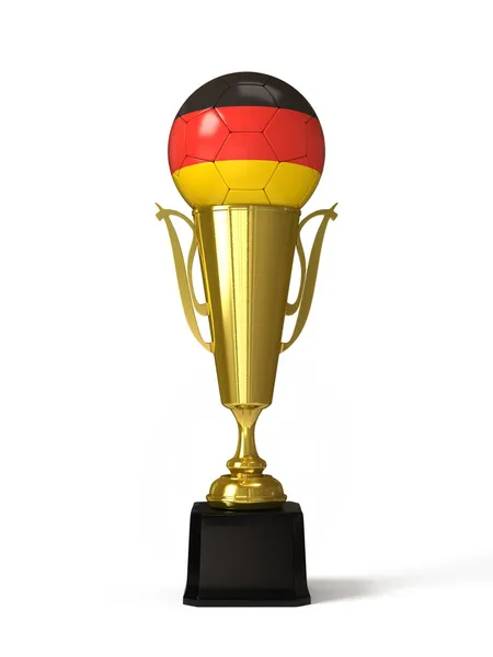 Balón de fútbol con bandera alemana, en copa de trofeo dorado —  Fotos de Stock