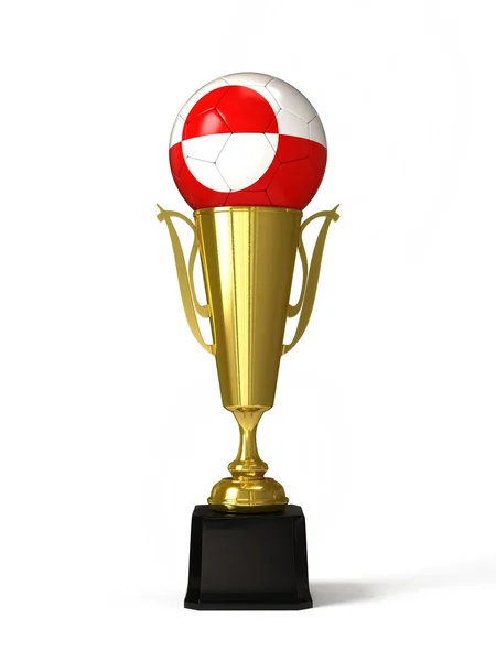 Soccer ball with Greenland flag, on golden trophy cup — Stock Photo, Image