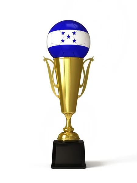 Soccer ball with Honduran flag, on golden trophy cup — Stock Photo, Image