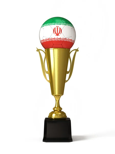 Pallone da calcio con bandiera iraniana, sulla coppa del trofeo d'oro — Foto Stock