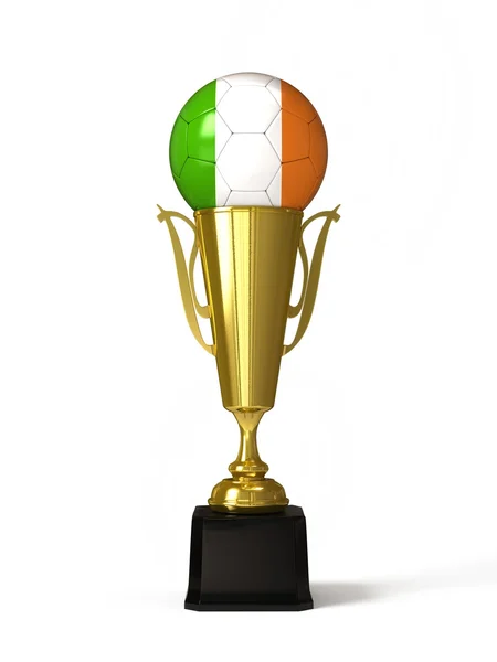 Soccer ball with Irish flag, on golden trophy cup — Stock Photo, Image