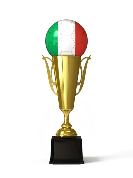 Balón de fútbol con bandera italiana, en copa de trofeo dorado — Foto de Stock