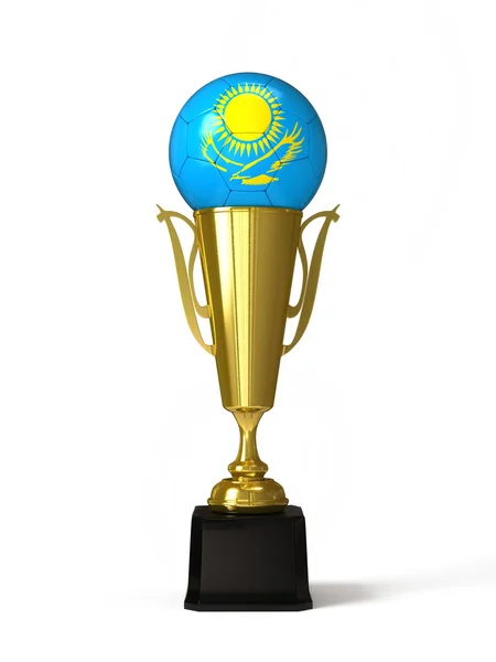 Soccer ball with Kazakhstan flag, on golden trophy cup — Stock Photo, Image