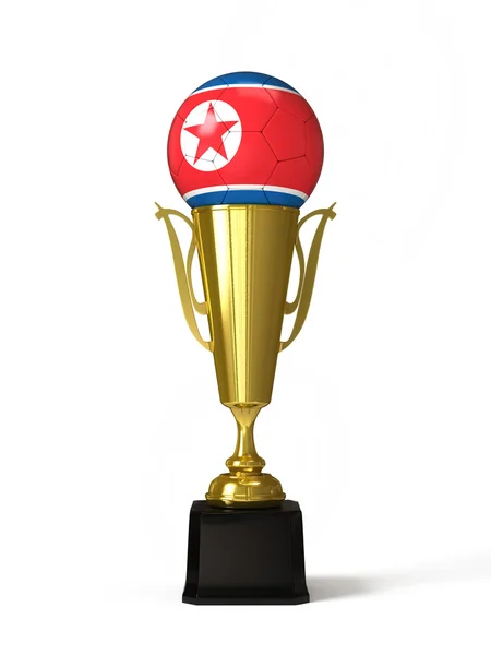 Soccer ball with Korean flag, on golden trophy cup — Stock Photo, Image