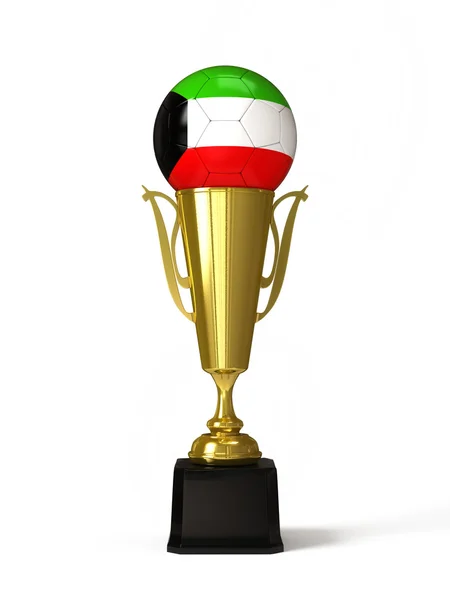 Soccer ball with Kuwaiti flag, on golden trophy cup — Stock Photo, Image