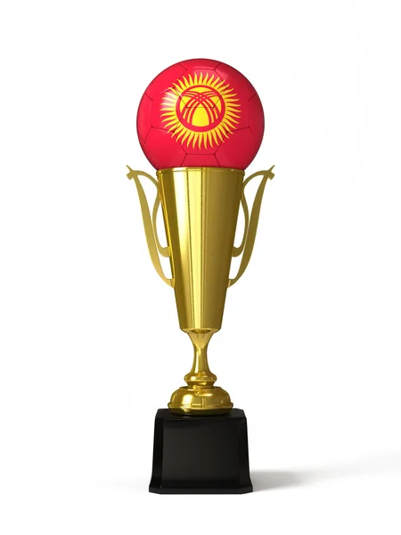 Soccer ball with Kyrgyzstan flag, on golden trophy cup — Stock Photo, Image