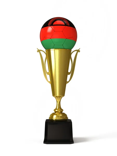 Soccer ball with Malawian flag, on golden trophy cup — Stock Photo, Image