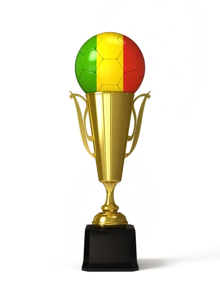 Soccer ball with Mali flag, on golden trophy cup — Stock Photo, Image