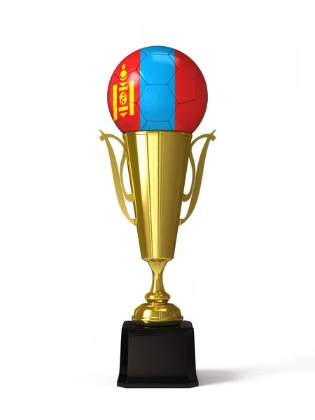 Soccer ball with Mongolian flag, on golden trophy cup — Stock Photo, Image