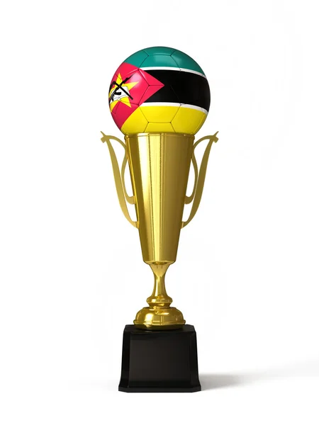 Pallone da calcio con bandiera mozambicana, sulla coppa del trofeo d'oro — Foto Stock