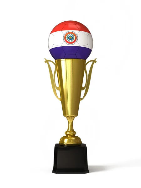 Balón de fútbol con bandera paraguaya, en copa de trofeo dorado —  Fotos de Stock