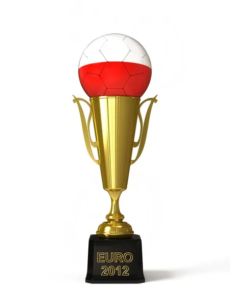 Voetbal met Pools vlag, op gouden trofee cup — Stockfoto
