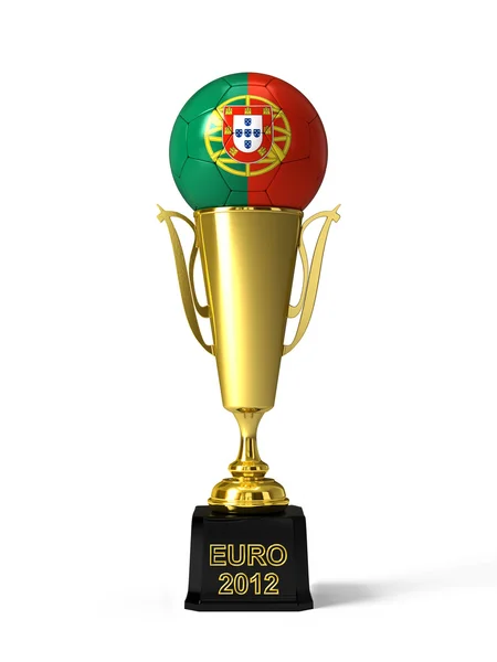 Pallone da calcio con bandiera portoghese, sulla coppa del trofeo d'oro — Foto Stock