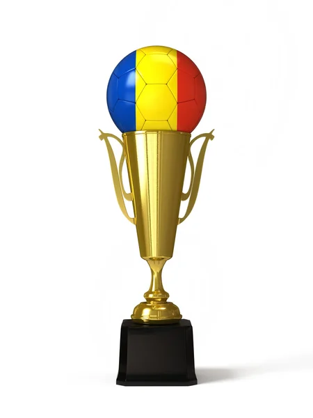 Fotbalový míč s rumunskou vlajkou, na trofej zlatý pohár — Stock fotografie