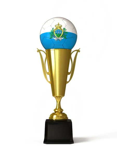 Balón de fútbol con bandera de San Marino, en copa de trofeo dorado — Foto de Stock