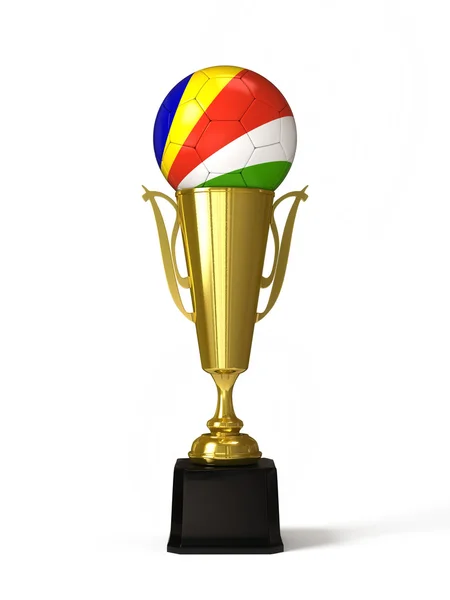 Ballon de football avec drapeau des Seychelles, sur coupe trophée d'or — Photo