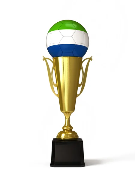 Balón de fútbol con bandera de Sierra Leona, en copa de trofeo dorado —  Fotos de Stock