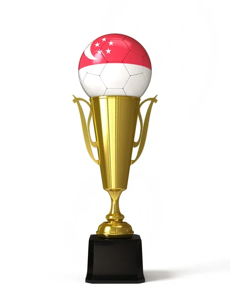 Ballon de football avec drapeau singapourien, sur coupe trophée d'or — Photo