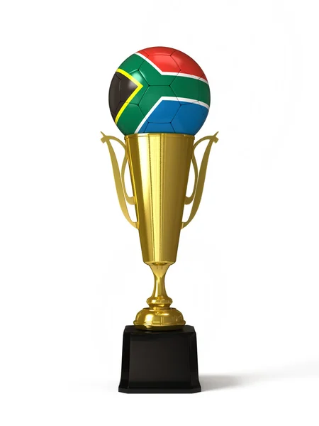 Soccer ball with South African flag, on golden trophy cup — Stock Photo, Image