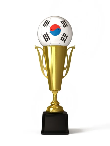 Soccer ball with South Korean flag, on golden trophy cup — Stock Photo, Image