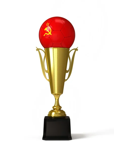 Fotbalový míč s vlajku Sovětského svazu, na trofej zlatý pohár — Stock fotografie