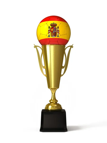 Balón de fútbol con bandera de España, en copa de trofeo dorado — Foto de Stock