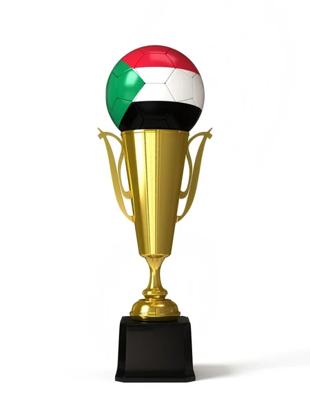 Soccer ball with Sudanese flag, on golden trophy cup — Stock Photo, Image