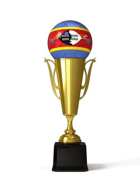 Balón de fútbol con bandera de Suazilandia, en copa de trofeo dorado —  Fotos de Stock
