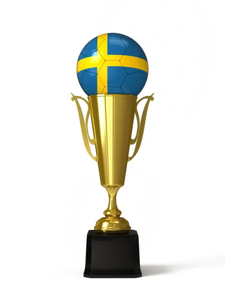 Soccer ball with Swedish flag, on golden trophy cup — Stock Photo, Image