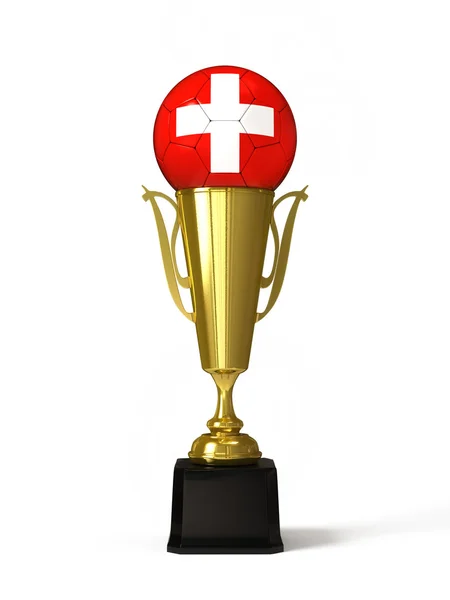 Ballon de football avec drapeau suisse, sur coupe trophée d'or — Photo