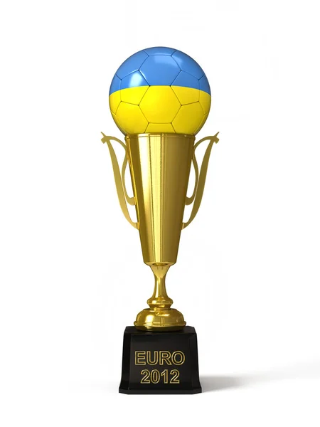 Balón de fútbol con bandera ucraniana, en copa de trofeo dorado —  Fotos de Stock