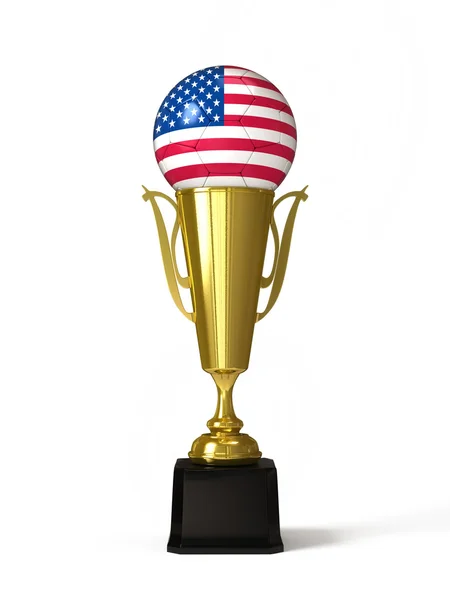 Ballon de football avec drapeau des États-Unis, sur coupe trophée d'or — Photo