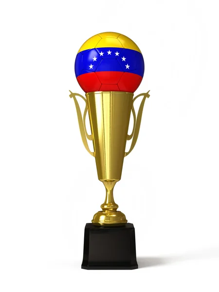Balón de fútbol con bandera venezolana, en copa de trofeo dorado — Foto de Stock