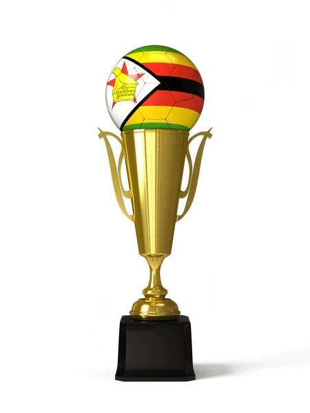 Fotbalový míč s Zimbabwe vlajka na trofej zlatý pohár — Stock fotografie