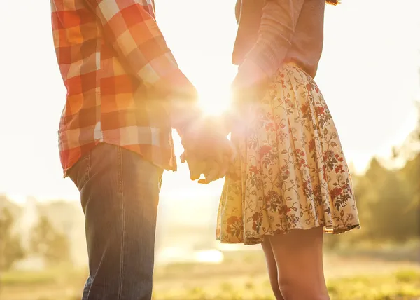 对年轻夫妇在爱在秋天公园牵手散步 图库照片