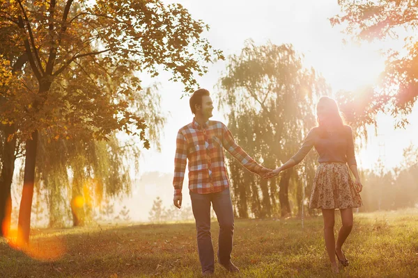 Pareja joven enamorada caminando en el parque de otoño tomados de la mano — Foto de Stock