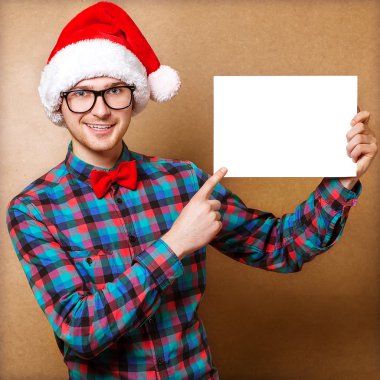 Noel Baba hipster gülümseme, ISO ile beyaz boş işareti işaret