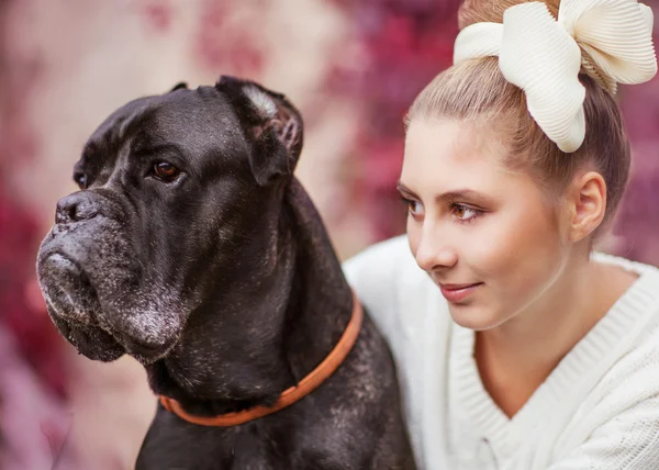 Porträtt av en ung flicka som kramar en stor hund cane corso — Stockfoto