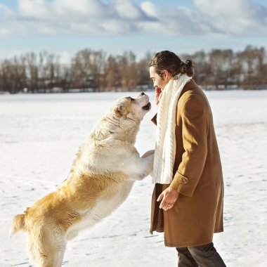 açık havada köpeğiyle oynayan adam ve Orta Asya çoban
