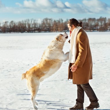 açık havada köpeğiyle oynayan adam ve Orta Asya çoban